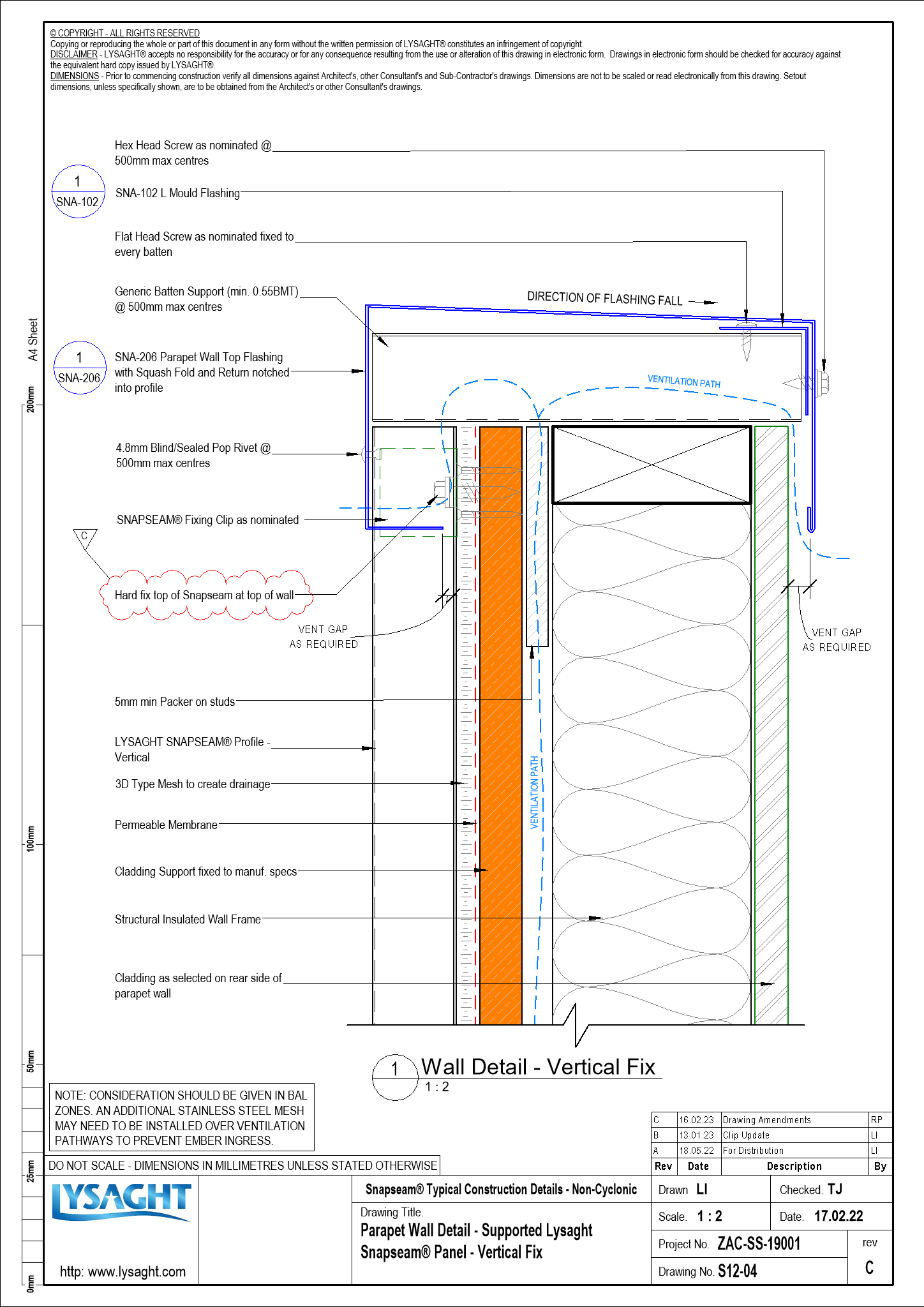 S1204 Parapet Wall Detail Supported Lysaght Snapseam® Panel